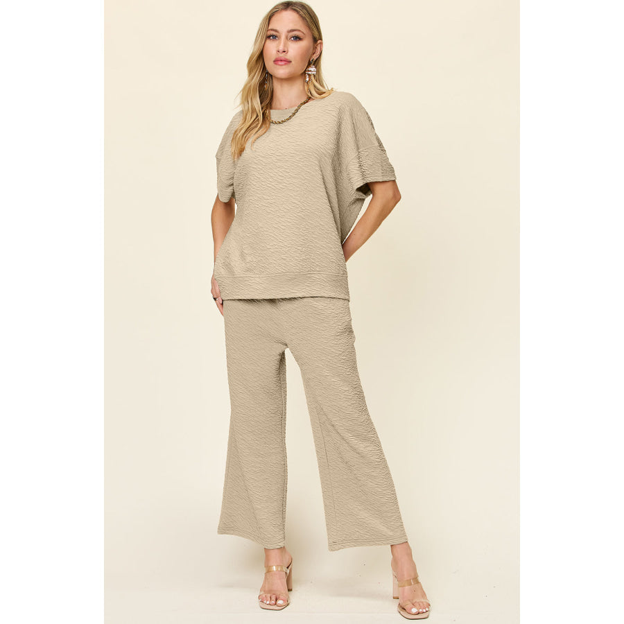 Double Take Full Size Texture Short Sleeve Top and Pants Set Khaki / S Apparel and Accessories