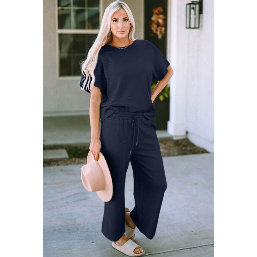 Double Take Full Size Texture Short Sleeve Top and Pants Set Navy / S Clothing