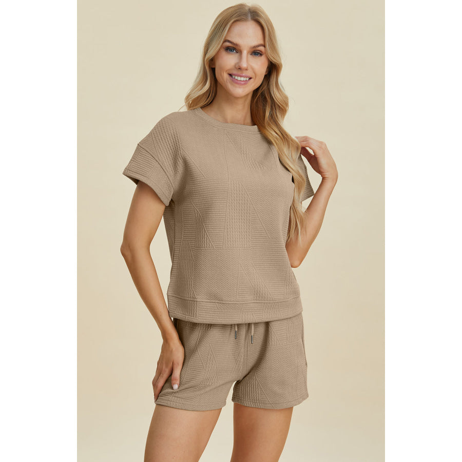 Double Take Full Size Texture Short Sleeve Top and Shorts Set Apparel and Accessories