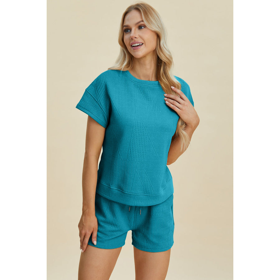 Double Take Full Size Texture Short Sleeve Top and Shorts Set Apparel and Accessories