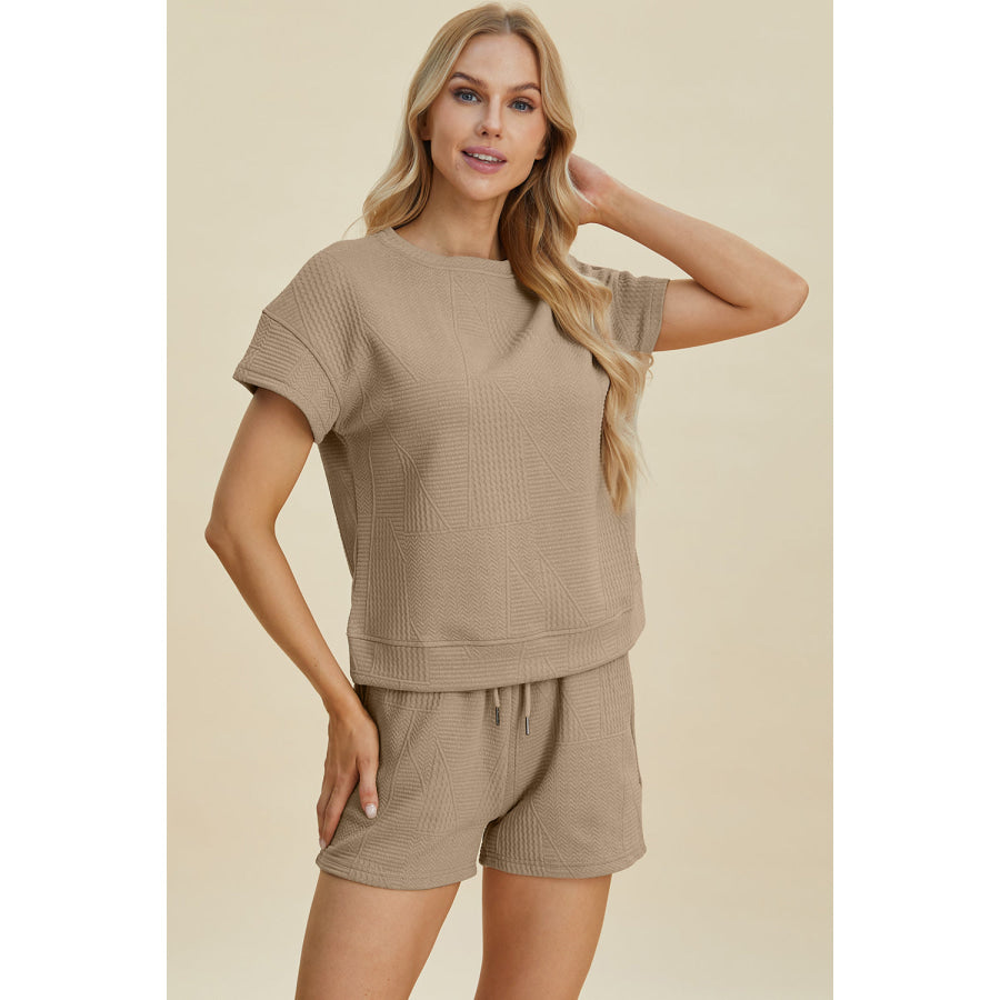 Double Take Full Size Texture Short Sleeve Top and Shorts Set Apparel and Accessories