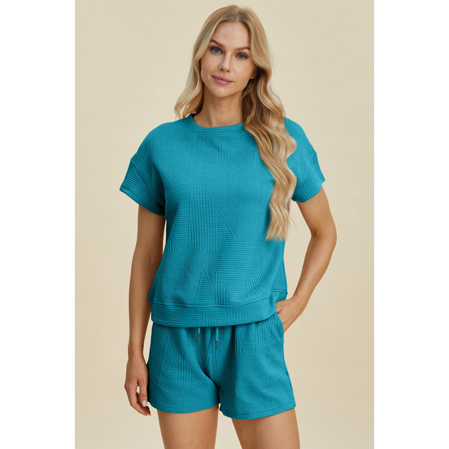 Double Take Full Size Texture Short Sleeve Top and Shorts Set Apparel and Accessories