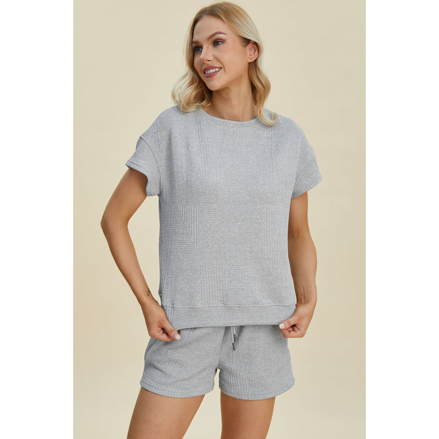 Double Take Full Size Texture Short Sleeve Top and Shorts Set Apparel and Accessories