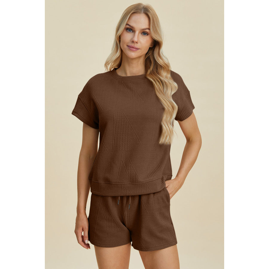 Double Take Full Size Texture Short Sleeve Top and Shorts Set Apparel and Accessories