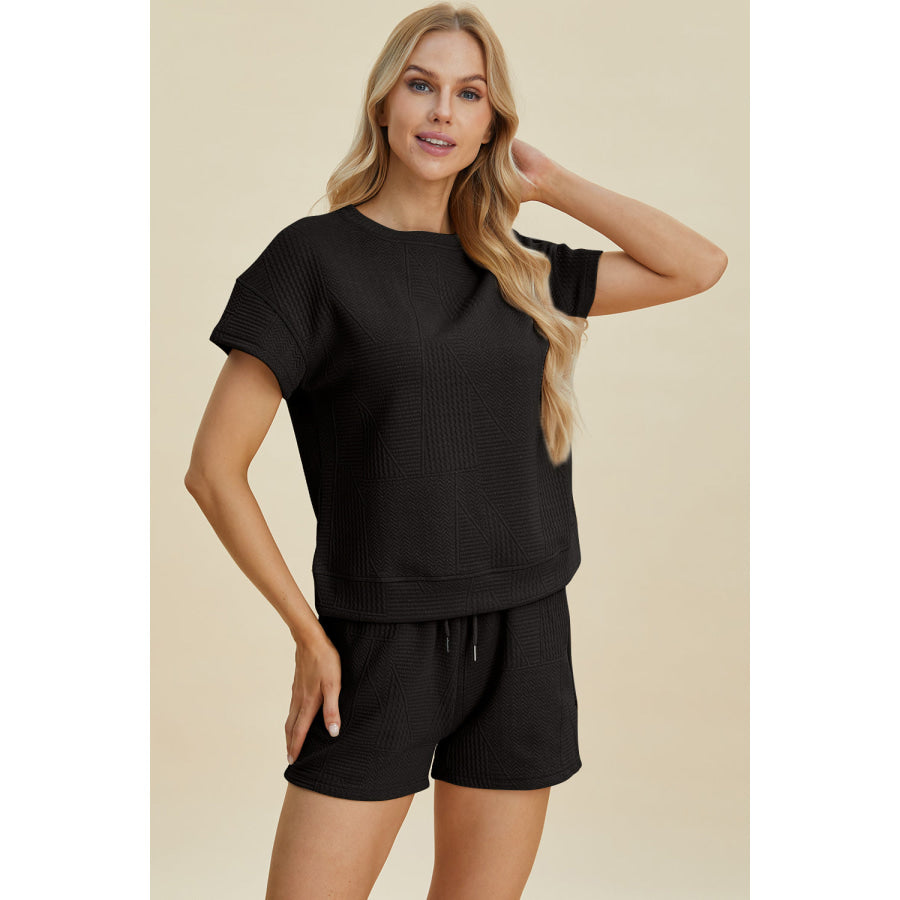 Double Take Full Size Texture Short Sleeve Top and Shorts Set Apparel and Accessories