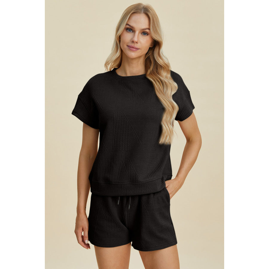 Double Take Full Size Texture Short Sleeve Top and Shorts Set Apparel and Accessories