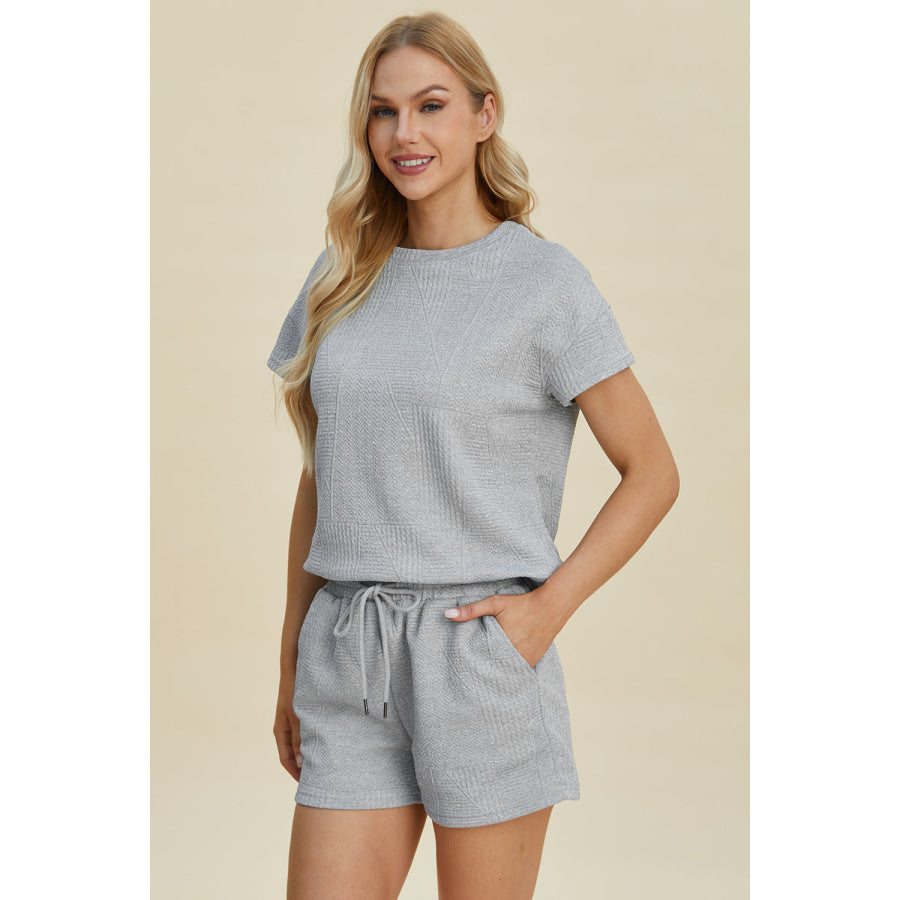 Double Take Full Size Texture Short Sleeve Top and Shorts Set Apparel and Accessories