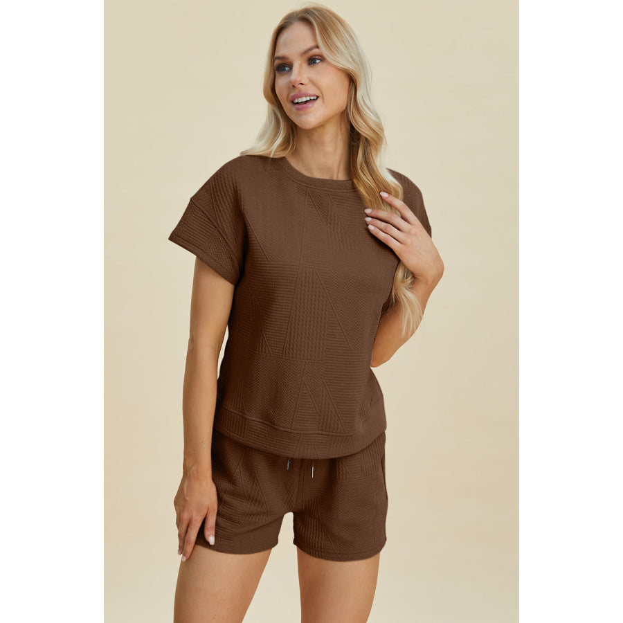 Double Take Full Size Texture Short Sleeve Top and Shorts Set Apparel and Accessories