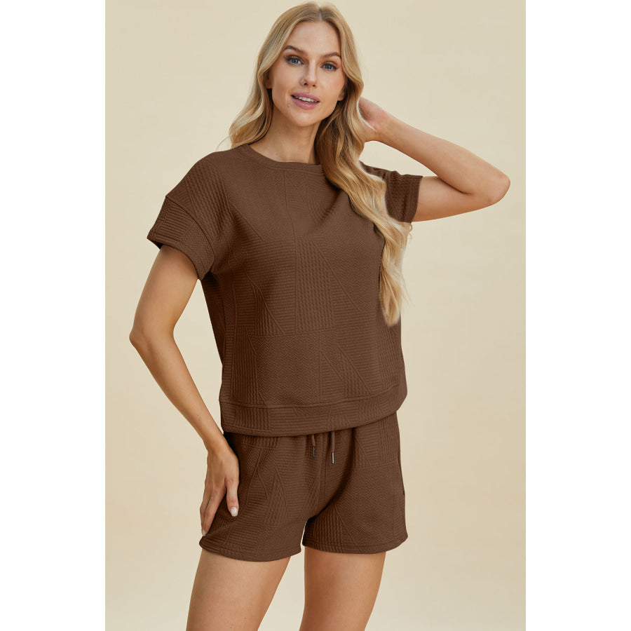 Double Take Full Size Texture Short Sleeve Top and Shorts Set Apparel and Accessories