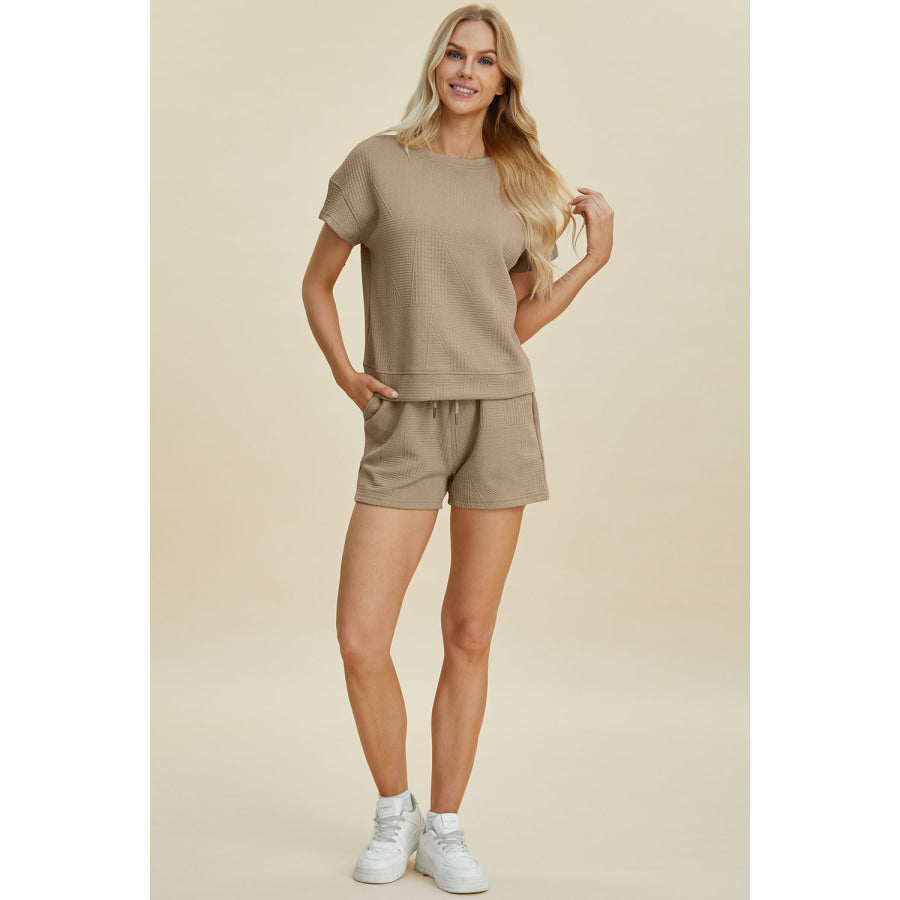 Double Take Full Size Texture Short Sleeve Top and Shorts Set Apparel and Accessories