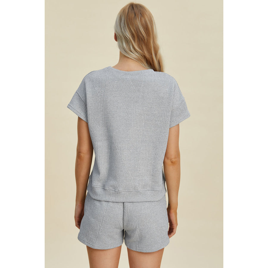 Double Take Full Size Texture Short Sleeve Top and Shorts Set Gray / S Apparel and Accessories