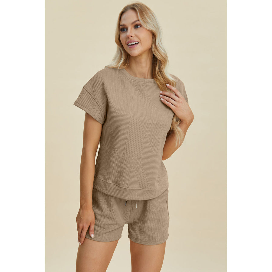 Double Take Full Size Texture Short Sleeve Top and Shorts Set Apparel and Accessories