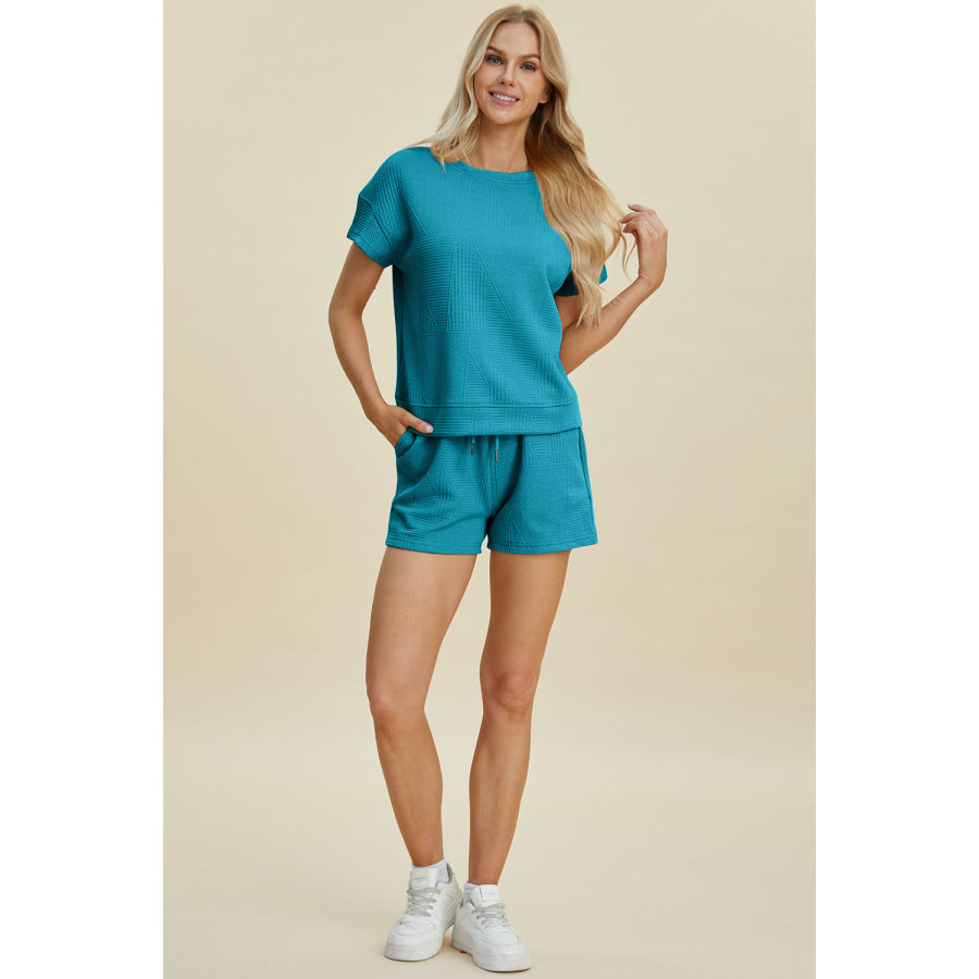 Double Take Full Size Texture Short Sleeve Top and Shorts Set Apparel and Accessories