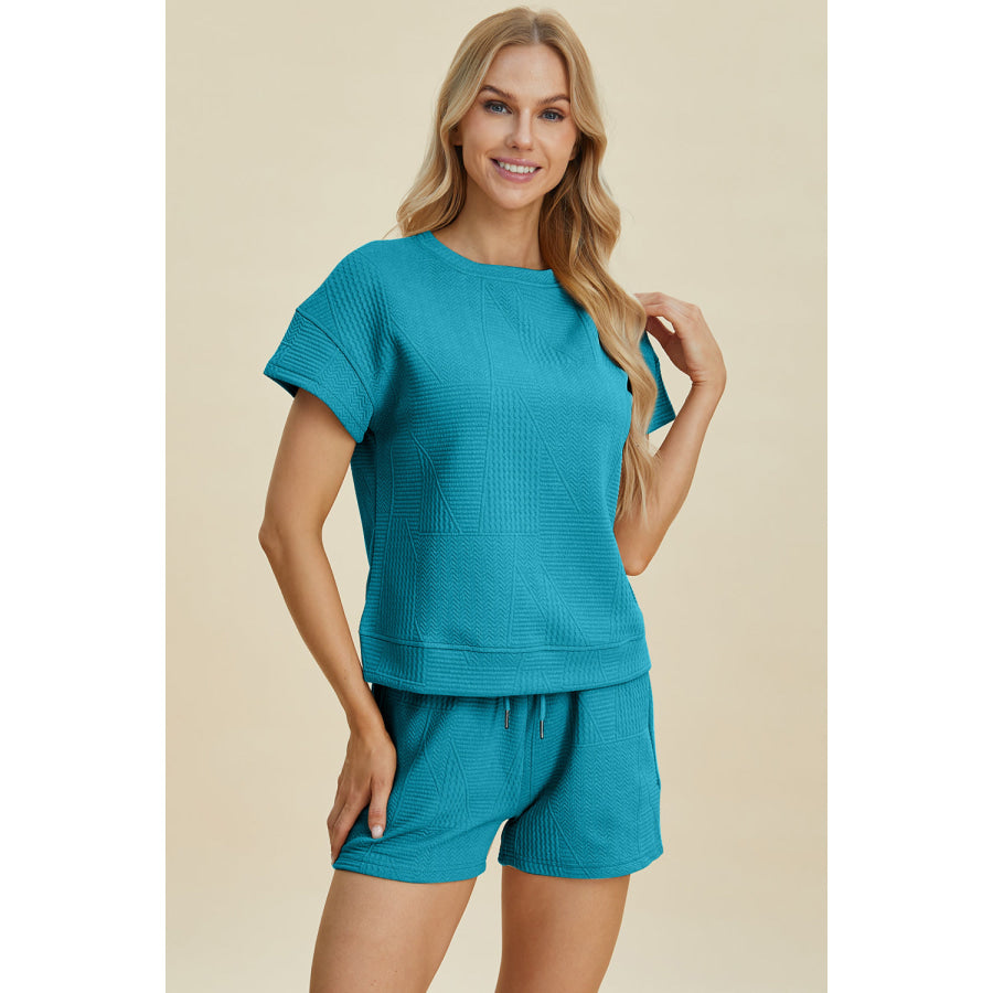 Double Take Full Size Texture Short Sleeve Top and Shorts Set Apparel and Accessories