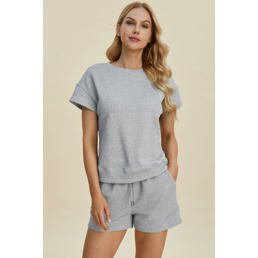 Double Take Full Size Texture Short Sleeve Top and Shorts Set Apparel and Accessories