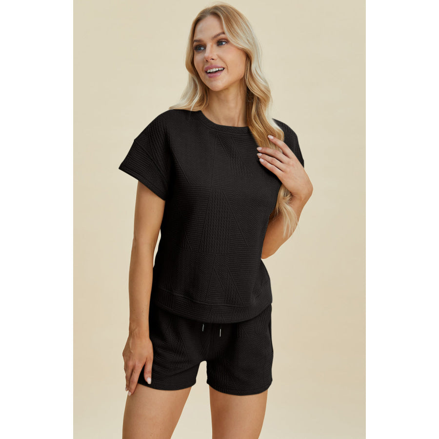 Double Take Full Size Texture Short Sleeve Top and Shorts Set Apparel and Accessories