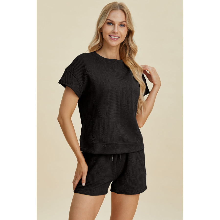 Double Take Full Size Texture Short Sleeve Top and Shorts Set Black / S Apparel and Accessories