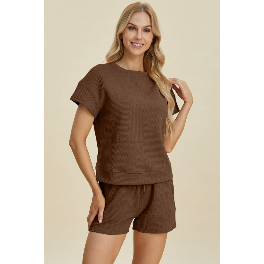 Double Take Full Size Texture Short Sleeve Top and Shorts Set Brown / S Apparel and Accessories