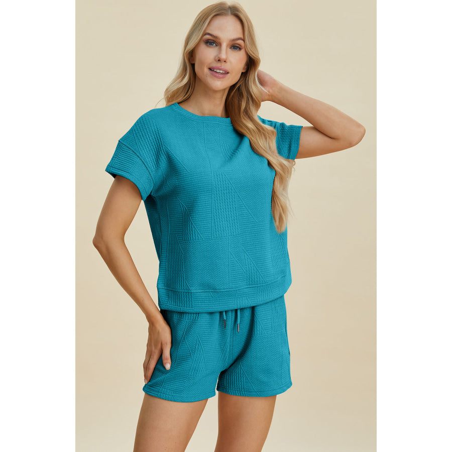 Double Take Full Size Texture Short Sleeve Top and Shorts Set Cerulean / S Apparel and Accessories