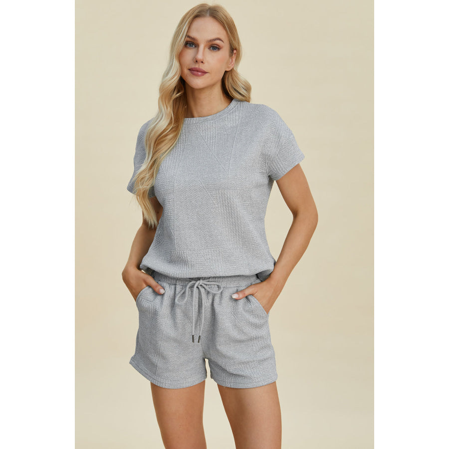 Double Take Full Size Texture Short Sleeve Top and Shorts Set Gray / S Apparel and Accessories