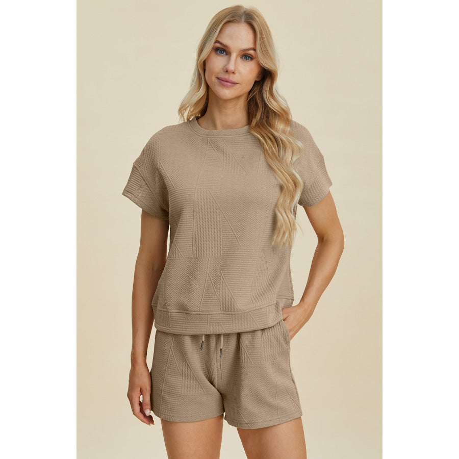 Double Take Full Size Texture Short Sleeve Top and Shorts Set Khaki / S Apparel and Accessories