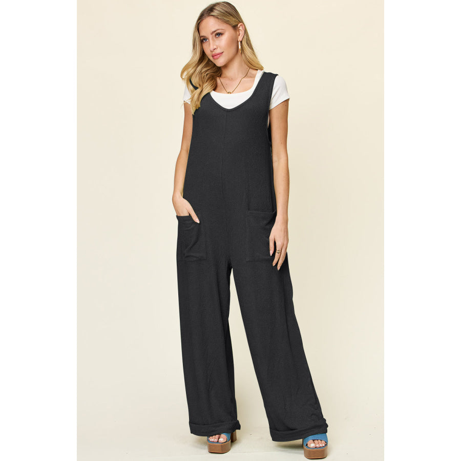 Double Take Full Size Texture Sleeveless Wide Leg Jumpsuit Apparel and Accessories