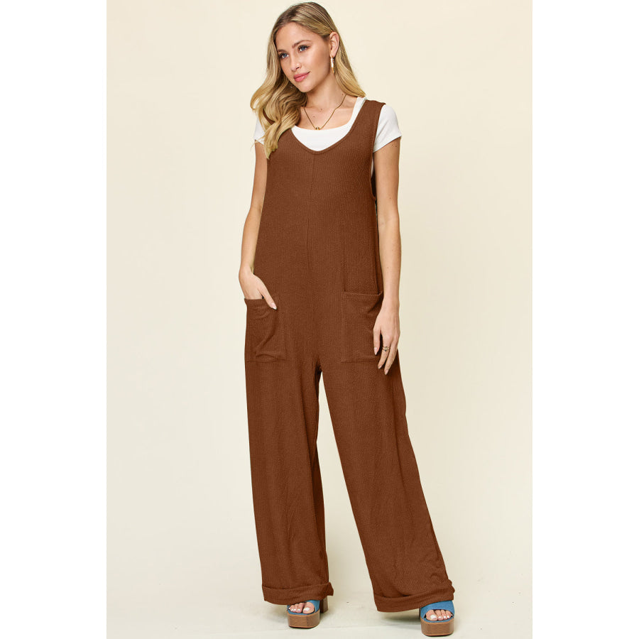 Double Take Full Size Texture Sleeveless Wide Leg Jumpsuit Apparel and Accessories