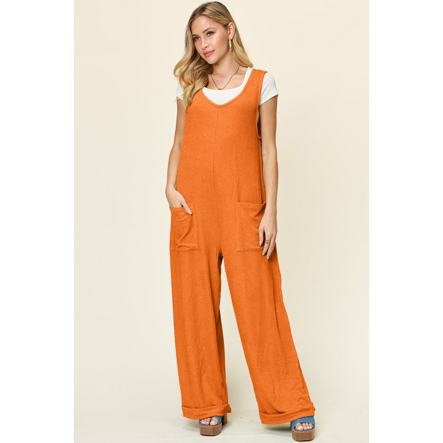 Double Take Full Size Texture Sleeveless Wide Leg Jumpsuit Apparel and Accessories