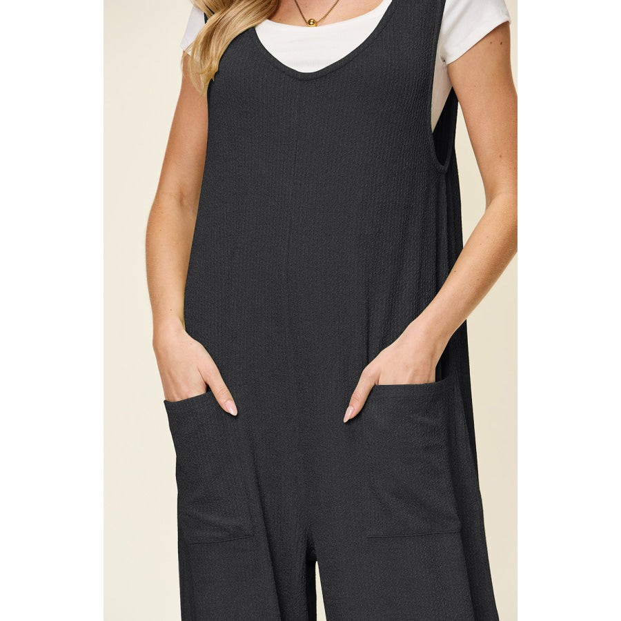 Double Take Full Size Texture Sleeveless Wide Leg Jumpsuit Apparel and Accessories