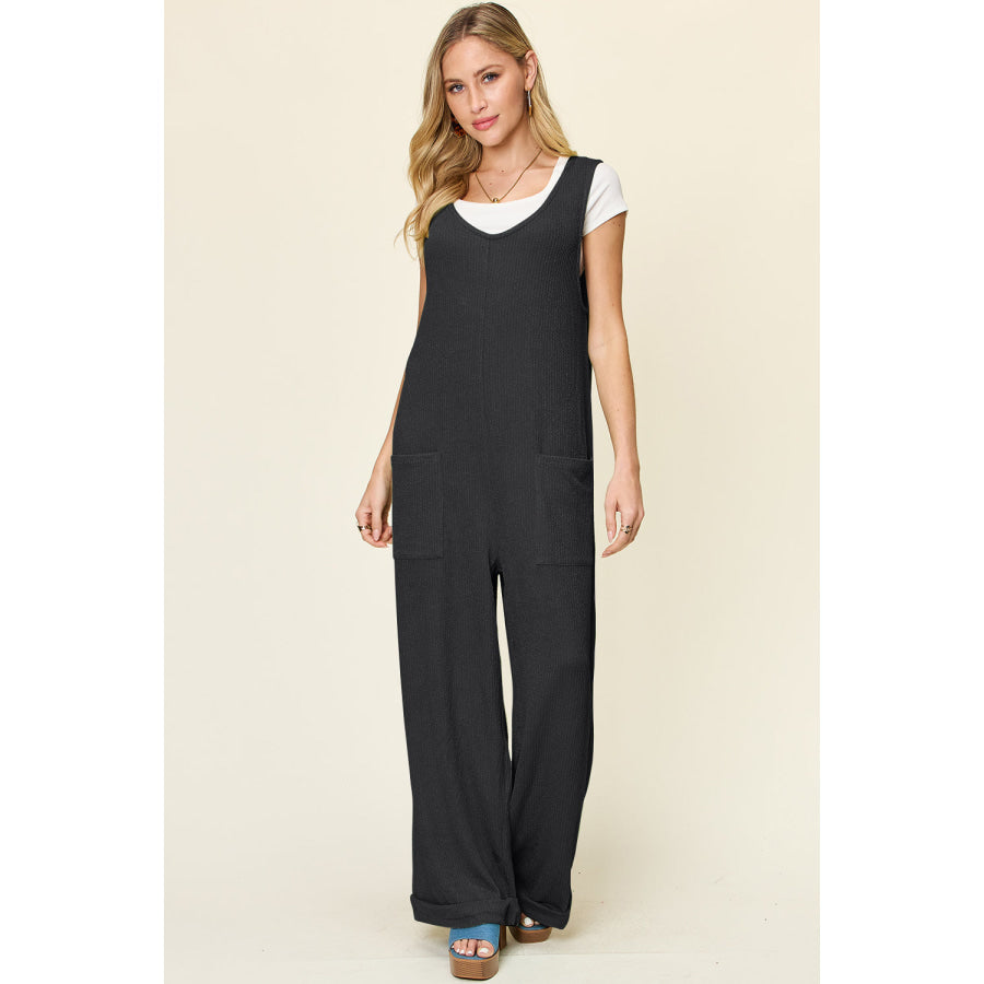 Double Take Full Size Texture Sleeveless Wide Leg Jumpsuit Black / S Apparel and Accessories