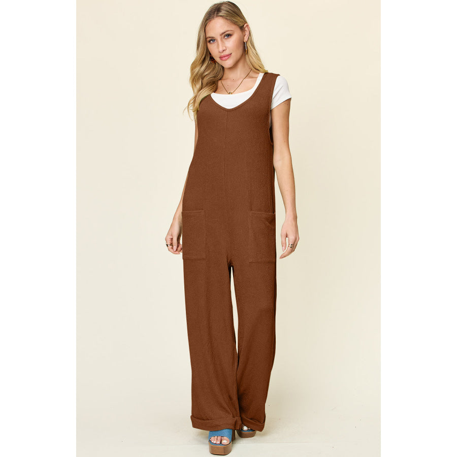 Double Take Full Size Texture Sleeveless Wide Leg Jumpsuit Caramel / S Apparel and Accessories