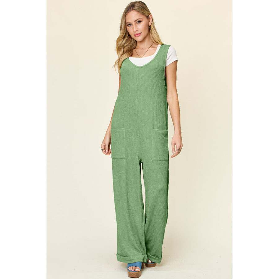 Double Take Full Size Texture Sleeveless Wide Leg Jumpsuit Light Green / S Apparel and Accessories