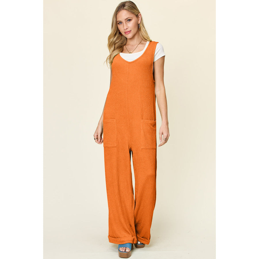 Double Take Full Size Texture Sleeveless Wide Leg Jumpsuit Tangerine / S Apparel and Accessories