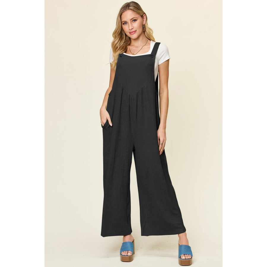 Double Take Full Size Texture Sleeveless Wide Leg Overall Black / S Apparel and Accessories