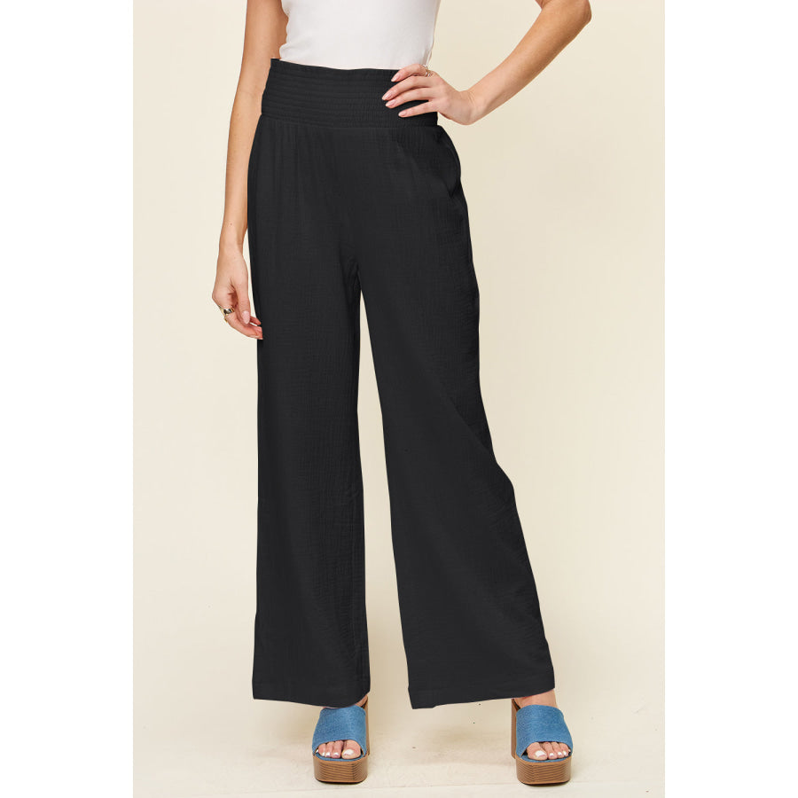 Double Take Full Size Texture Smocked Waist Wide Leg Pants Black / S Apparel and Accessories