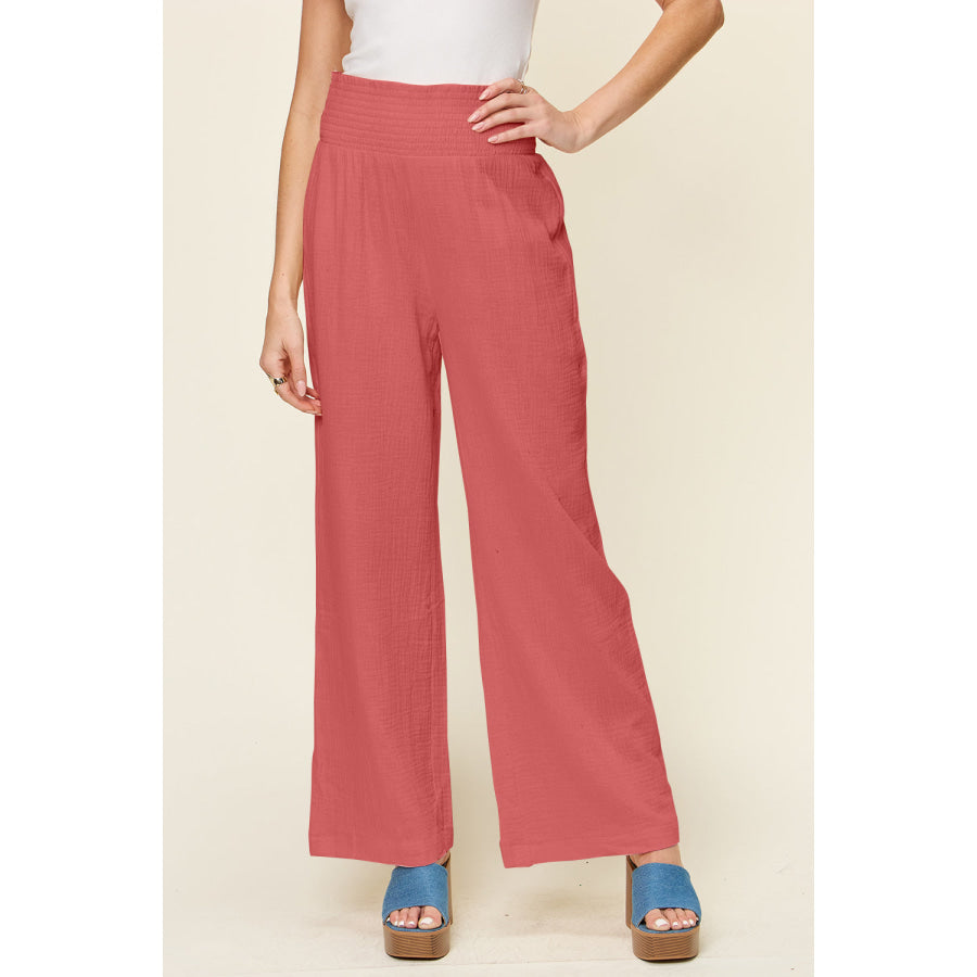 Double Take Full Size Texture Smocked Waist Wide Leg Pants Hot Pink / S Apparel and Accessories