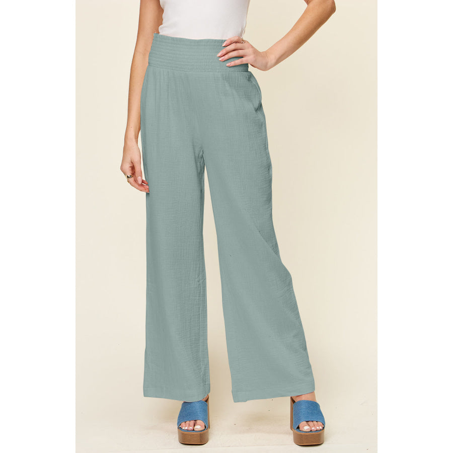 Double Take Full Size Texture Smocked Waist Wide Leg Pants Teal / S Apparel and Accessories