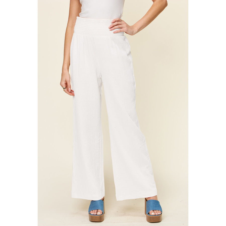 Double Take Full Size Texture Smocked Waist Wide Leg Pants White / S Apparel and Accessories