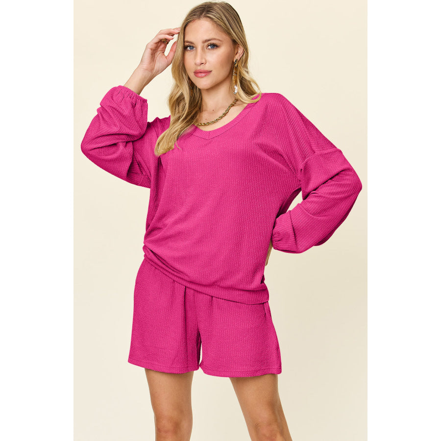 Double Take Full Size Texture V-Neck Long Sleeve T-Shirt and Shorts Set Apparel and Accessories