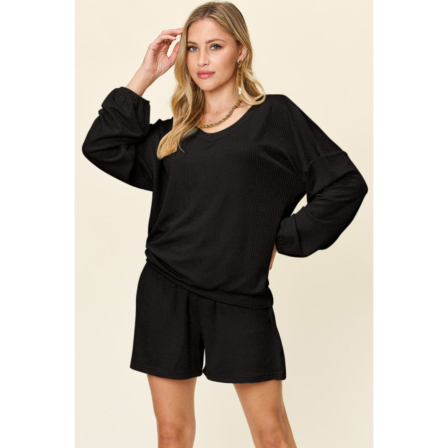 Double Take Full Size Texture V-Neck Long Sleeve T-Shirt and Shorts Set Apparel and Accessories