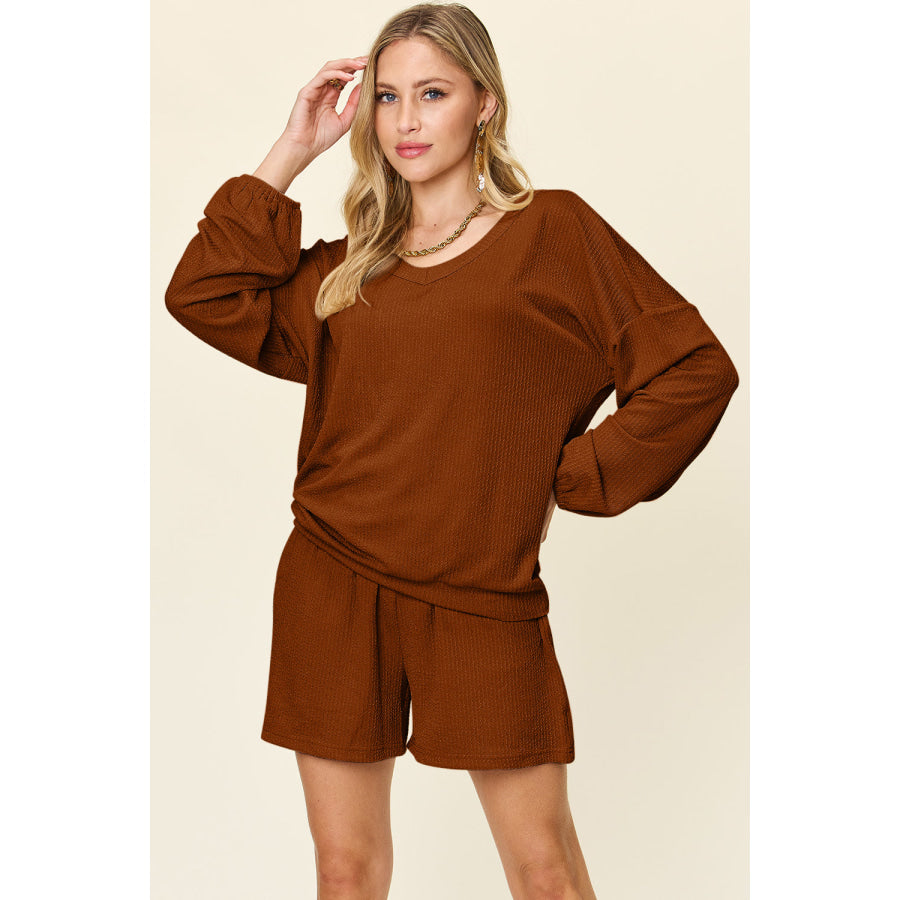 Double Take Full Size Texture V-Neck Long Sleeve T-Shirt and Shorts Set Apparel and Accessories