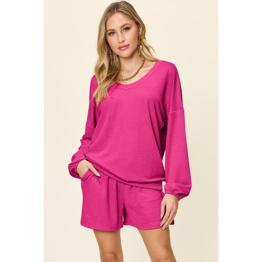 Double Take Full Size Texture V-Neck Long Sleeve T-Shirt and Shorts Set Apparel and Accessories