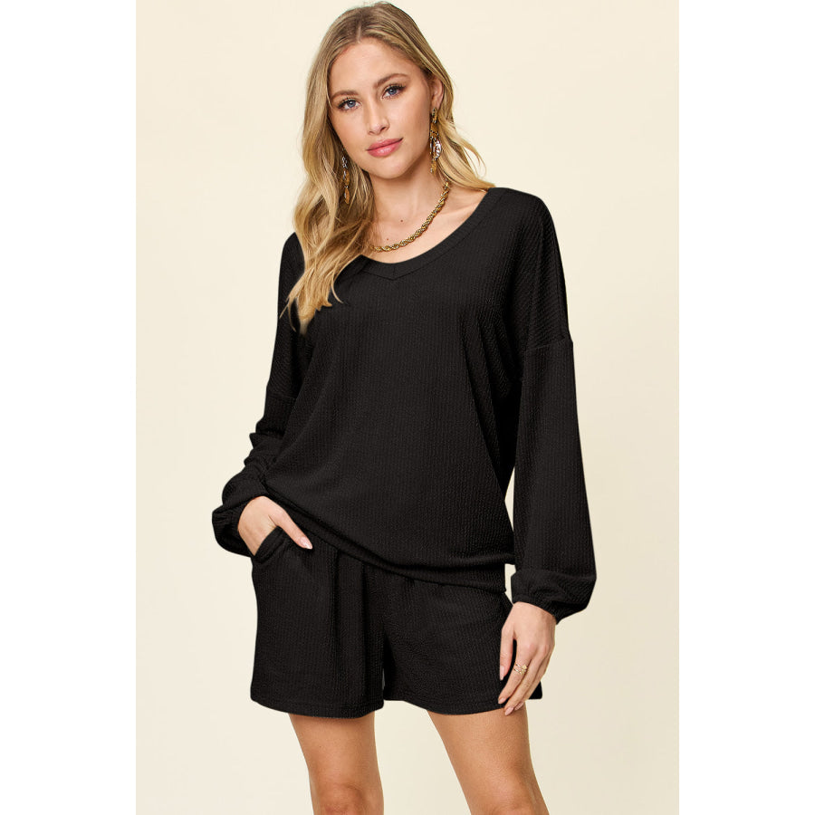 Double Take Full Size Texture V-Neck Long Sleeve T-Shirt and Shorts Set Black / S Apparel and Accessories