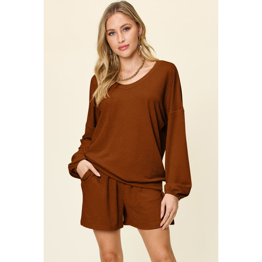 Double Take Full Size Texture V-Neck Long Sleeve T-Shirt and Shorts Set Caramel / S Apparel and Accessories