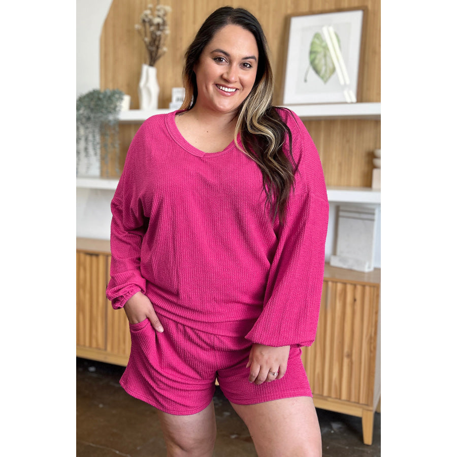 Double Take Full Size Texture V-Neck Long Sleeve T-Shirt and Shorts Set Hot Pink / S Apparel and Accessories