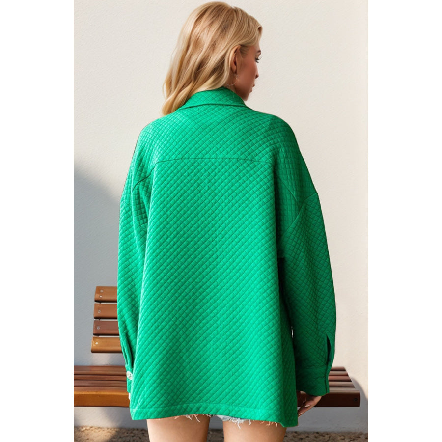 Double Take Full Size Textured Button Up Drop Shoulder Shacket Green / S Apparel and Accessories