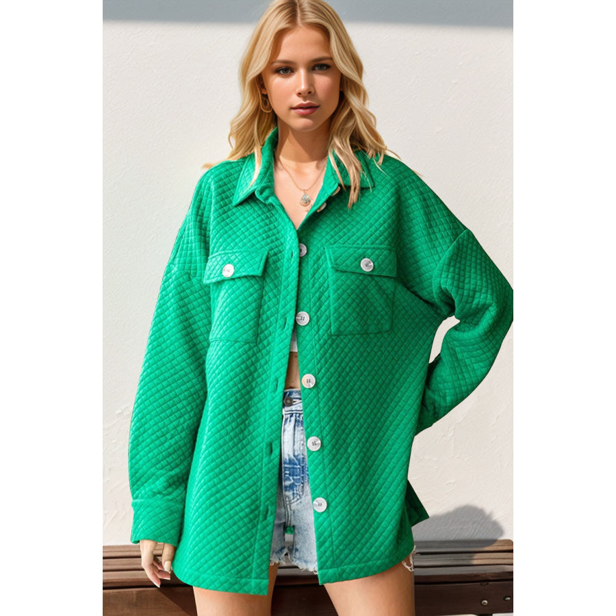 Double Take Full Size Textured Button Up Drop Shoulder Shacket Green / S Apparel and Accessories