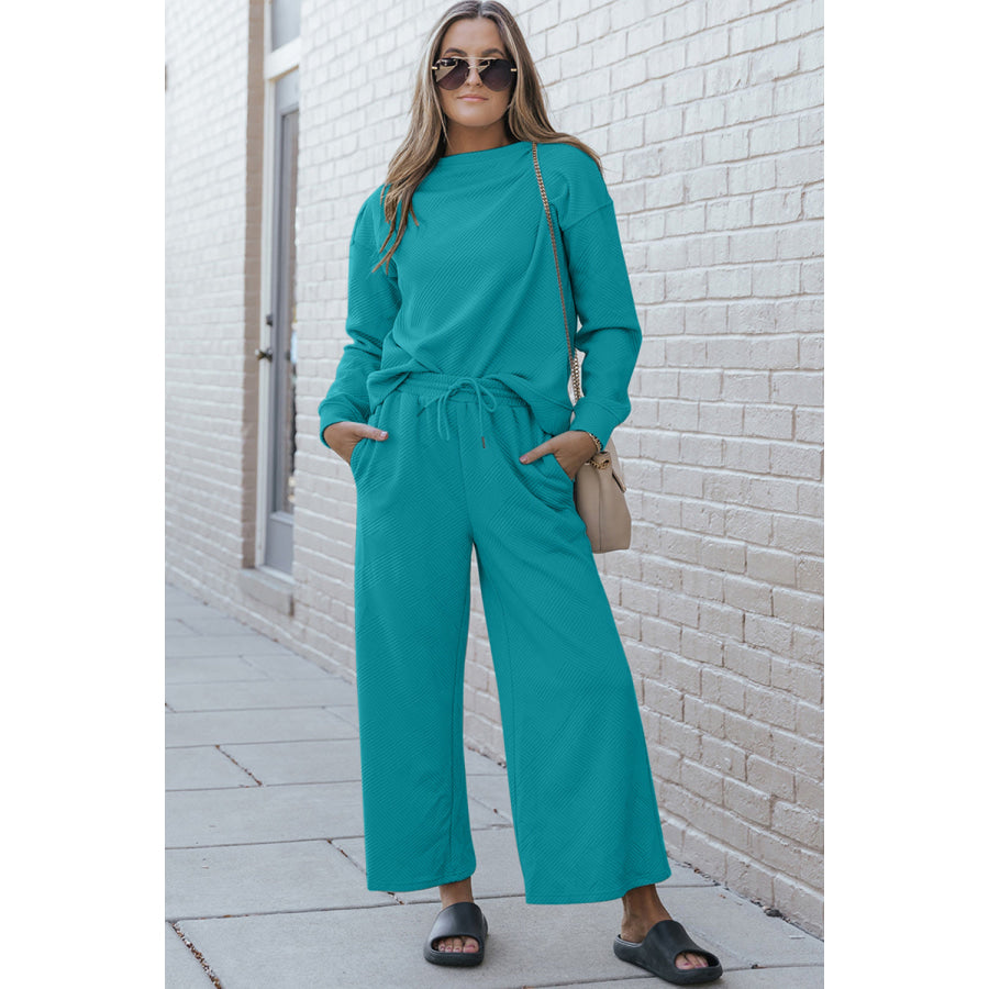 Double Take Full Size Textured Long Sleeve Top and Drawstring Pants Set Azure / M Clothing
