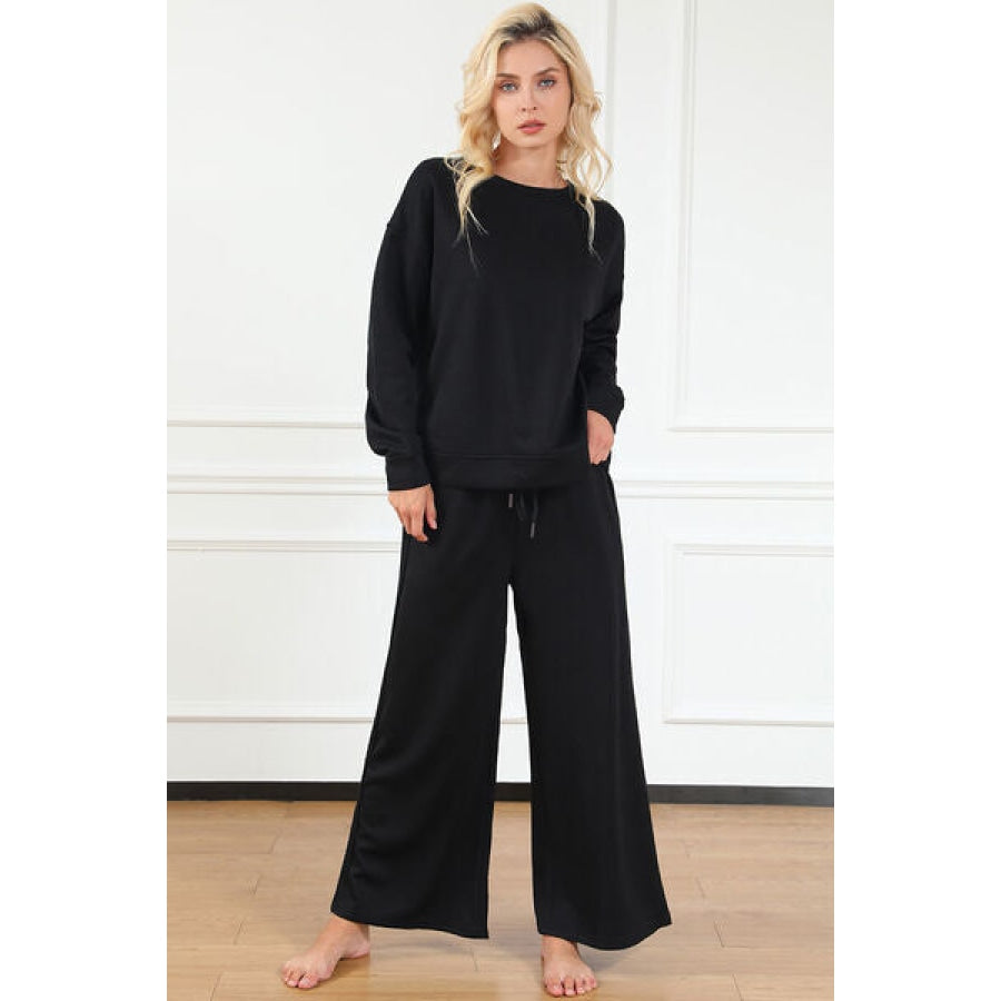 Double Take Full Size Textured Long Sleeve Top and Drawstring Pants Set Black / S Clothing