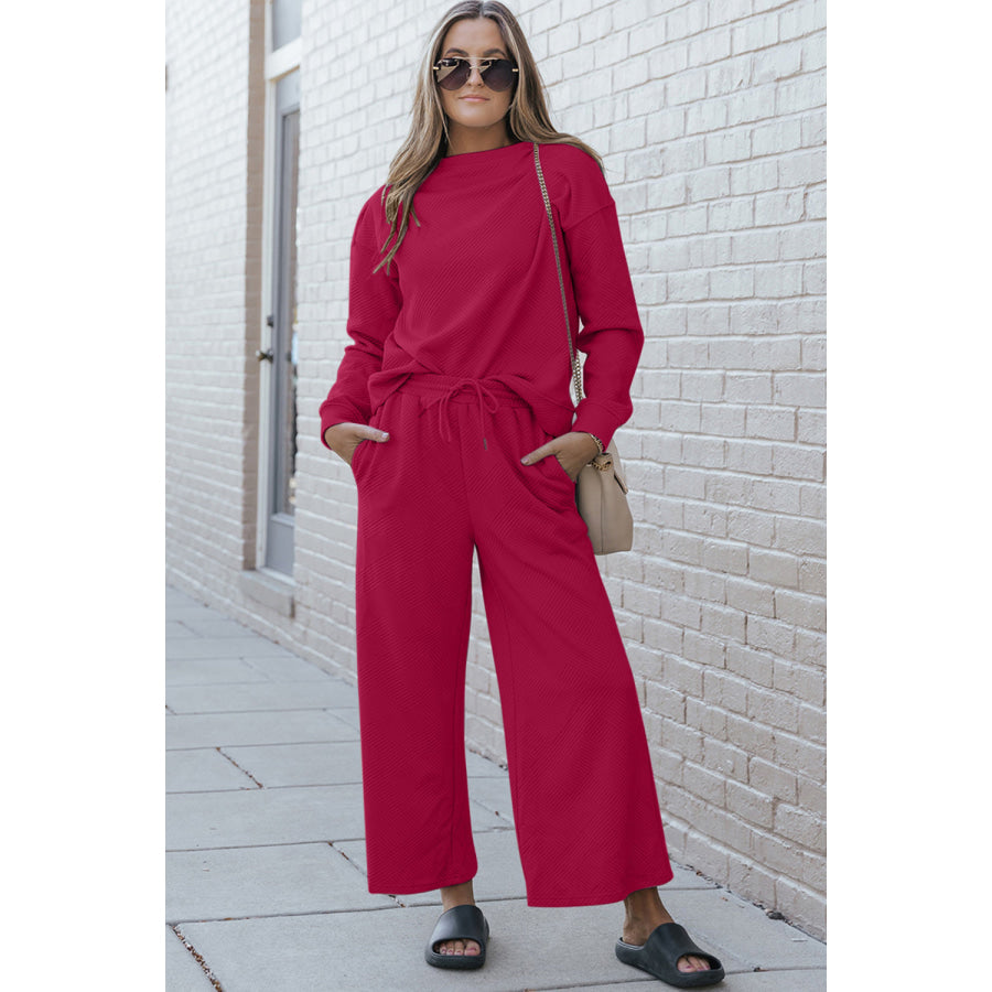 Double Take Full Size Textured Long Sleeve Top and Drawstring Pants Set Cerise / S Clothing